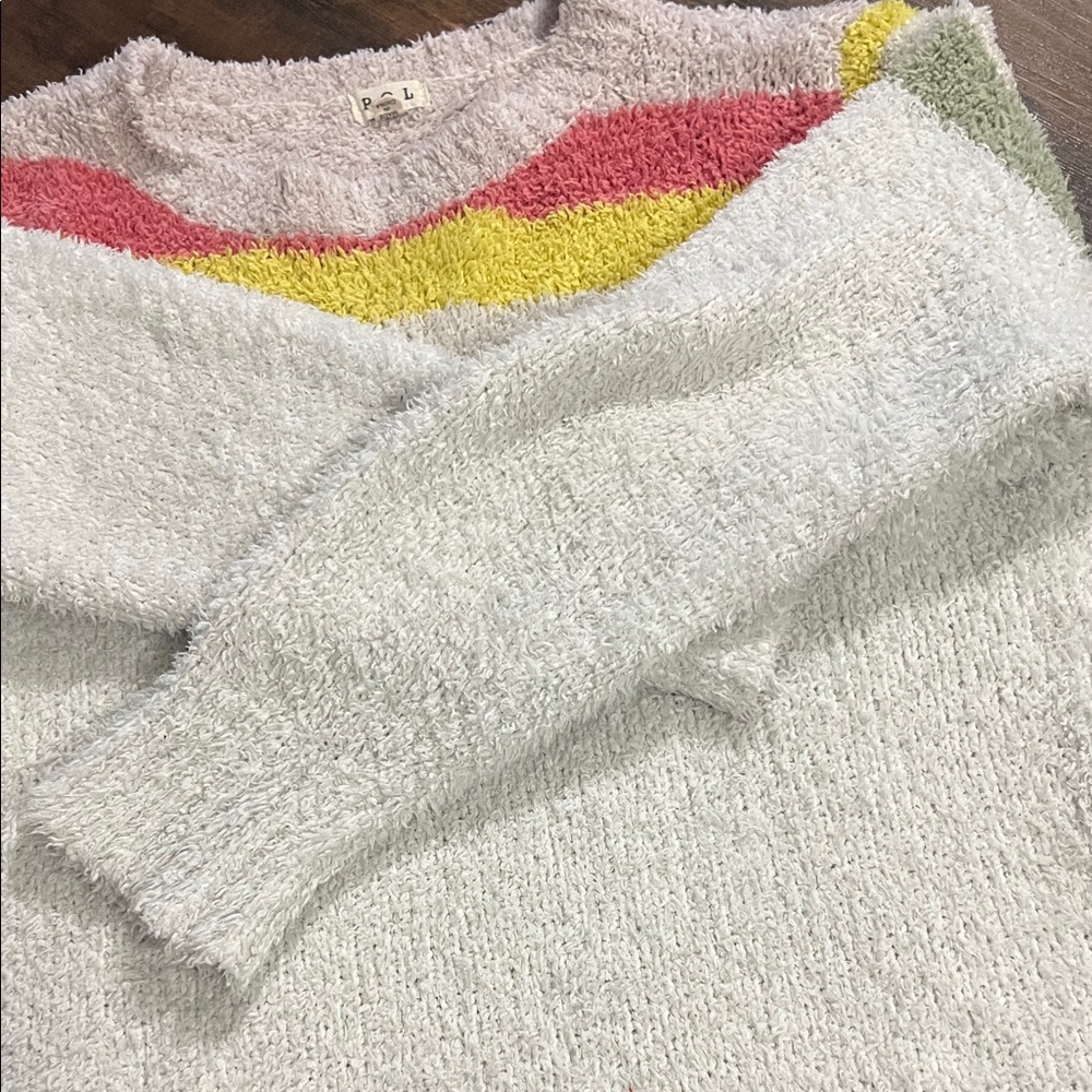 POL Plush Crewneck Sweater in Light Gray with Pink, Yellow & Sage Stripes - Picture 5 of 6
